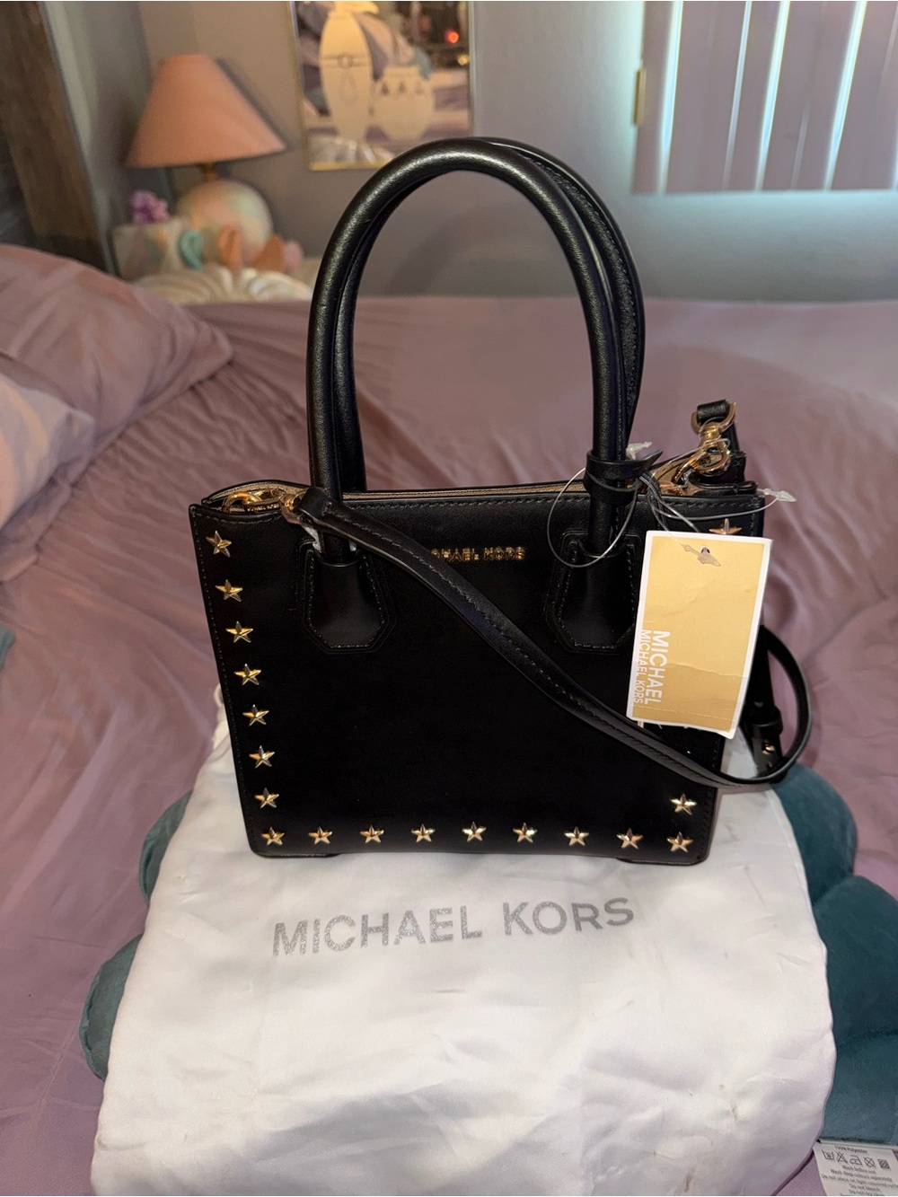Michael Kors Black Leather Satchel with Gold Star Studs